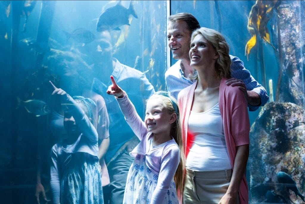 a family enjoying on a seaworld aquarium