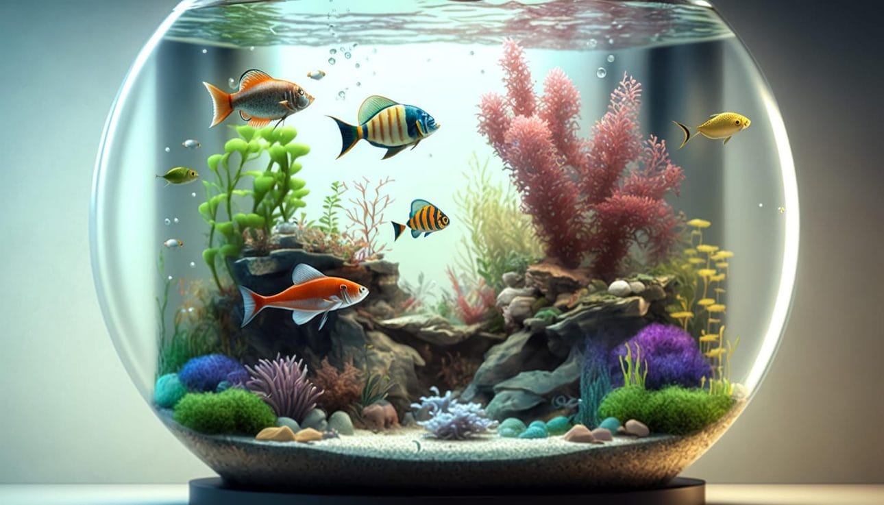 large glass colorful aquarium with fishes