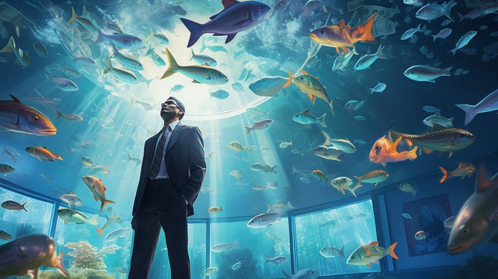 a man in suit surrounded by colorful fishes