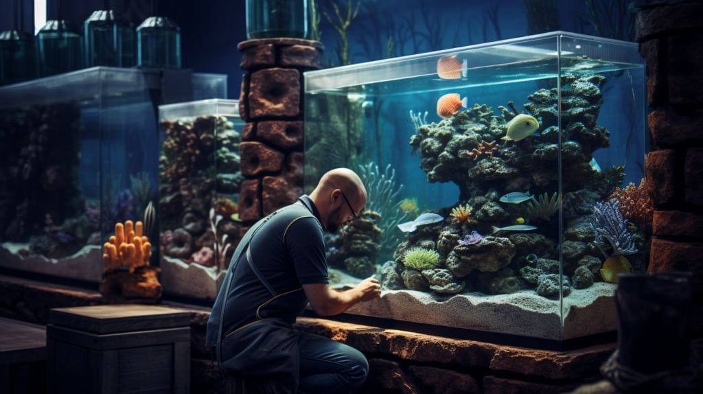 an aquarist doing his work