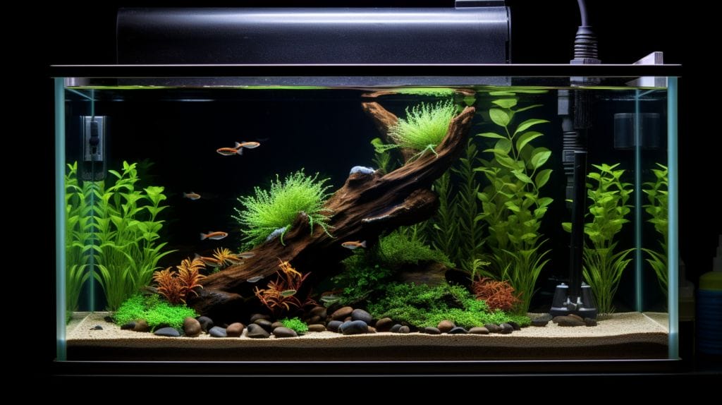 an aquarium with power filter and fishes