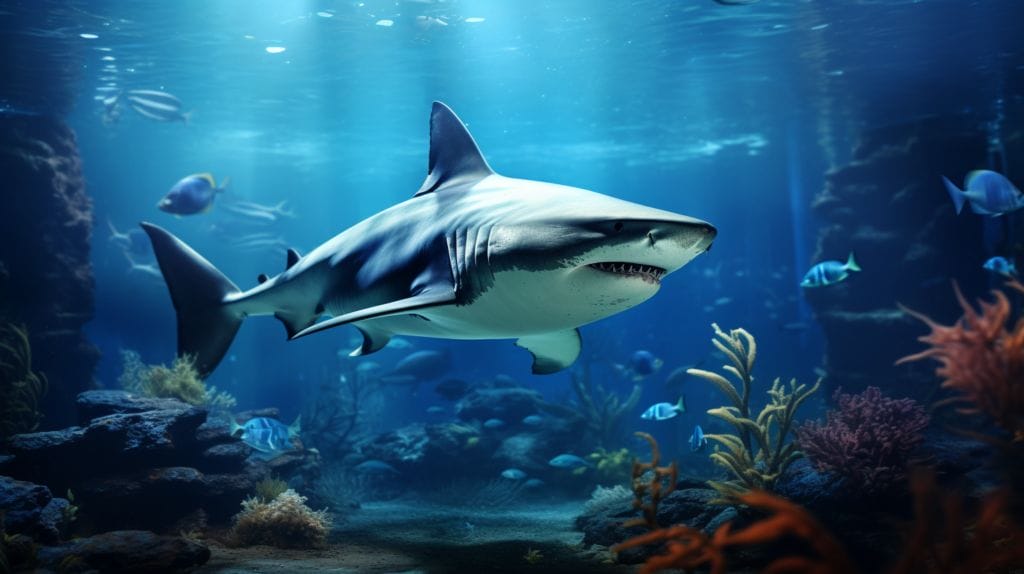 a shark in an aquarium with corals and fishes in the background