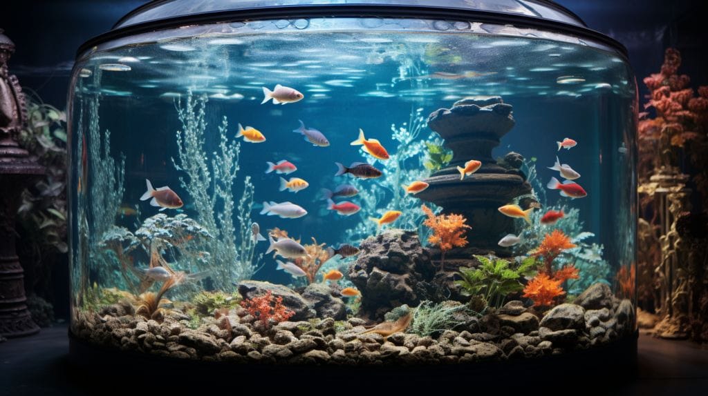 a large fish tank with various fishes