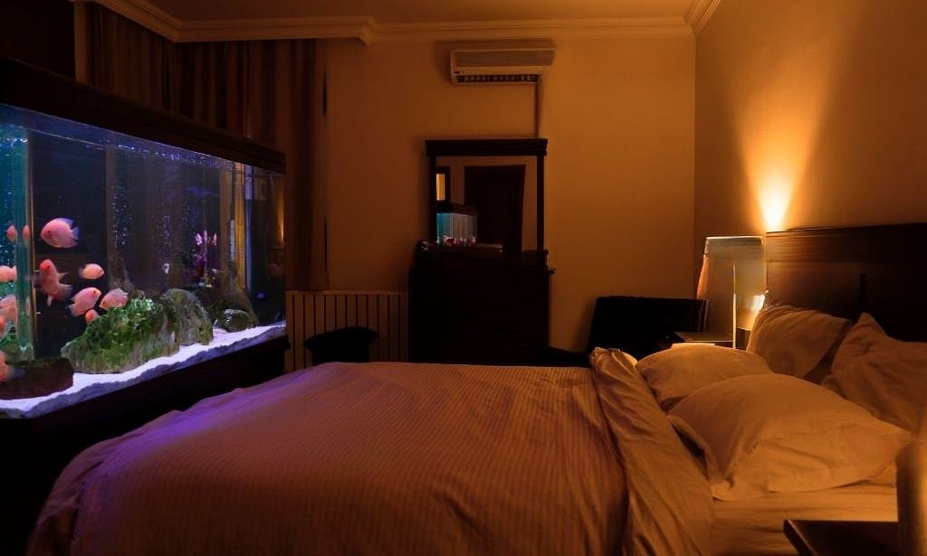 an aquarium inside the bedroom