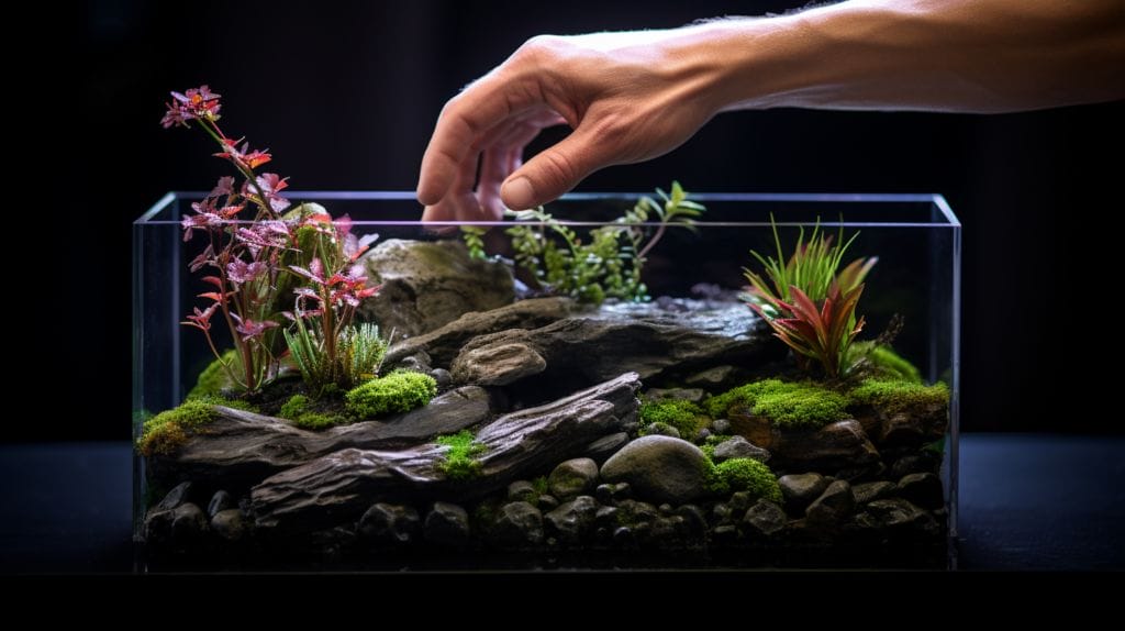 a hand creating an aquascape using the rule of thirds