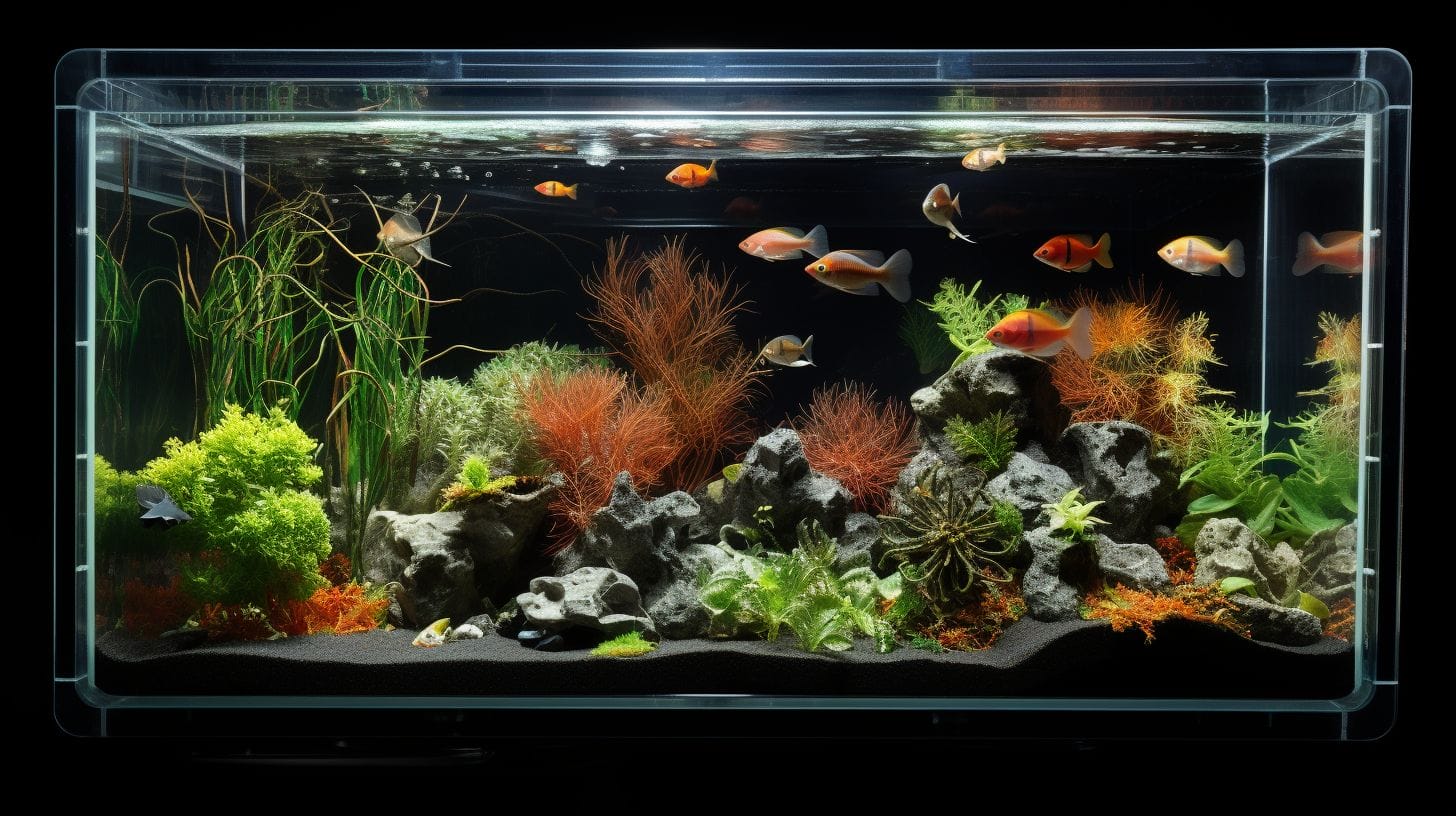 aquarium with various fishes and transparent lid