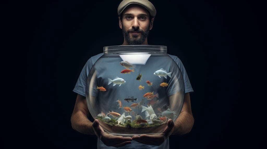 a man holding an aquarium with lid