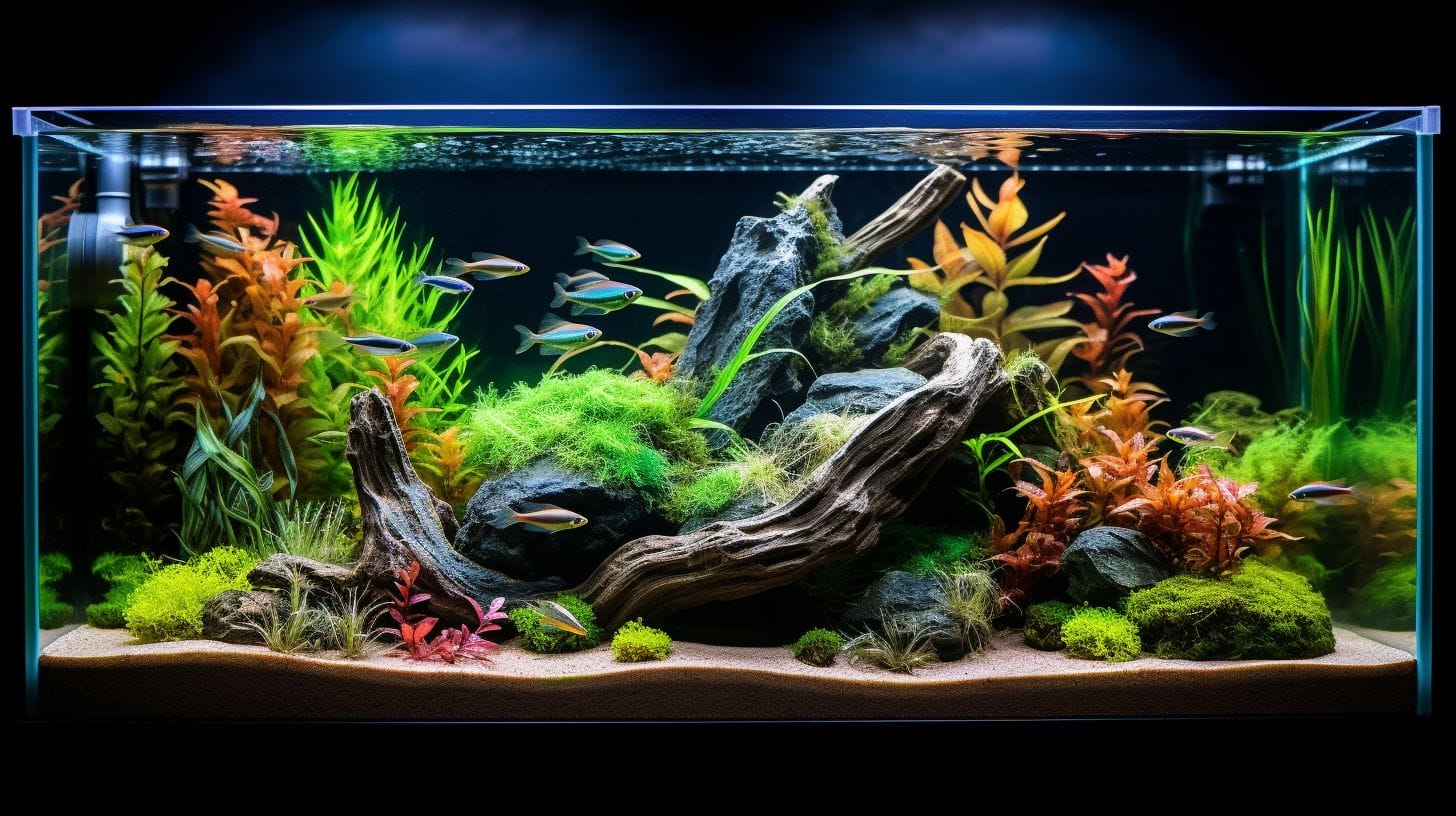 an aquarium with filter and vibrant ecosystem