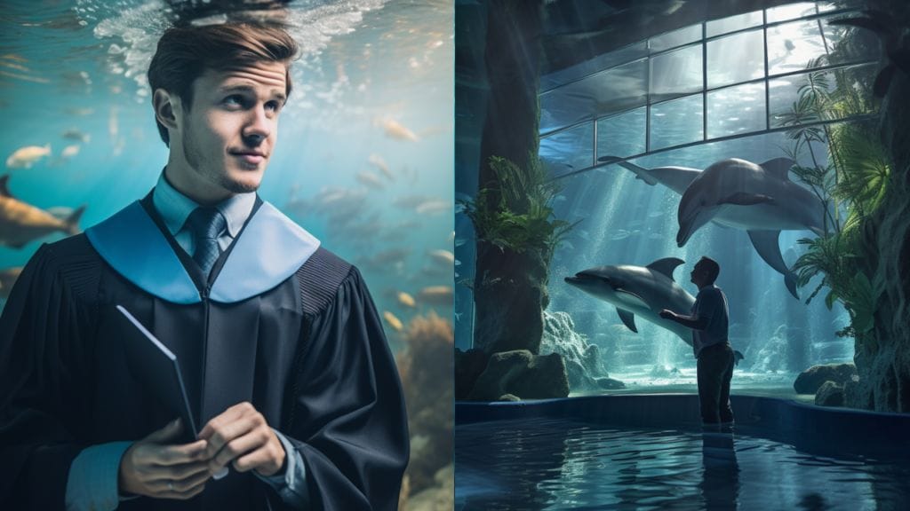 a man with graduation uniform and an aquarist
