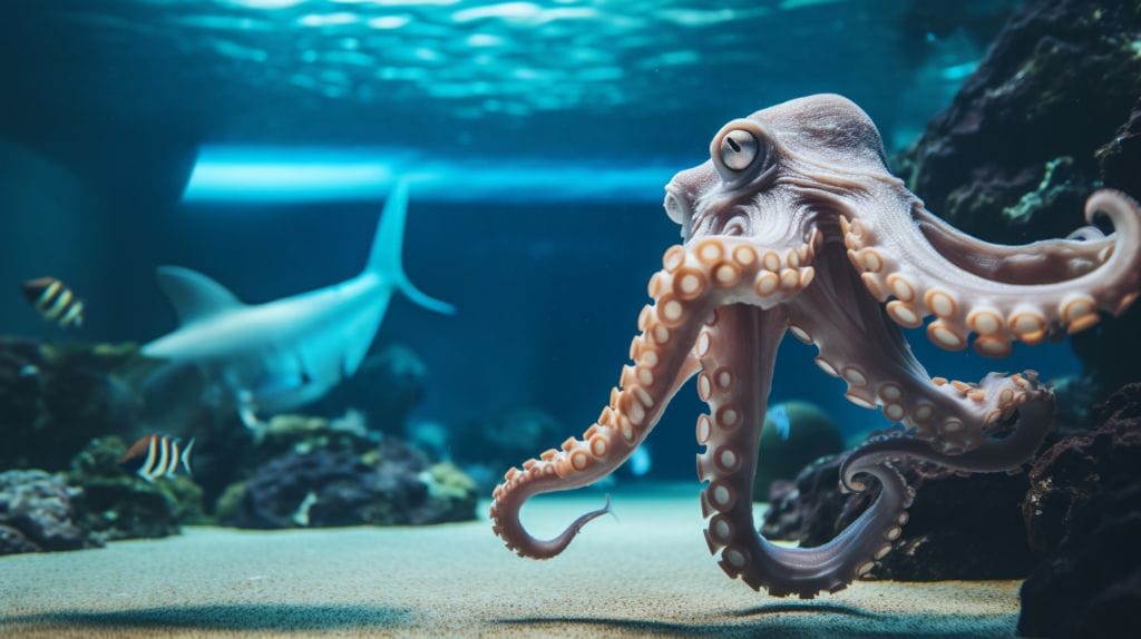 an octopus looking at the shark in an aquarium