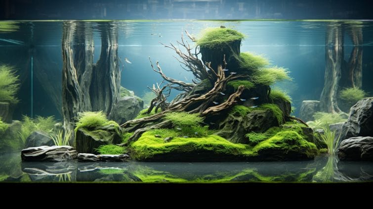 An aquarium aquascape that exemplifies the principles of the rule of thirds