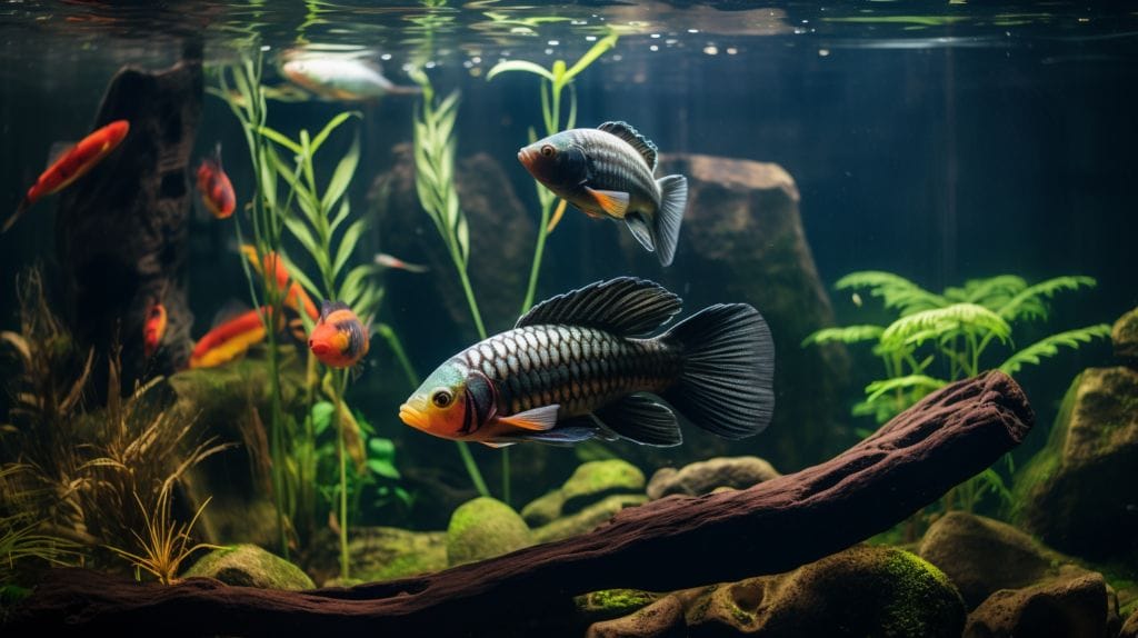 arowana and oscar fish in a freshwater aquarium