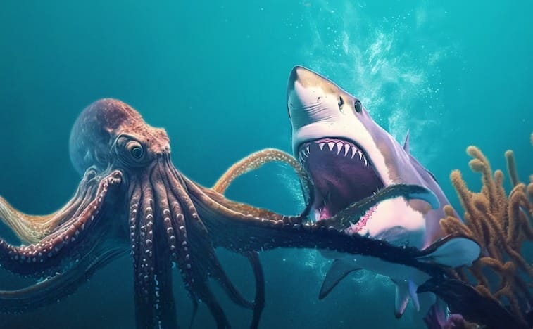 Octopus vs shark in an aquarium