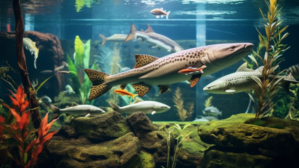 freshwater aquarium with Bala sharks and other fishes