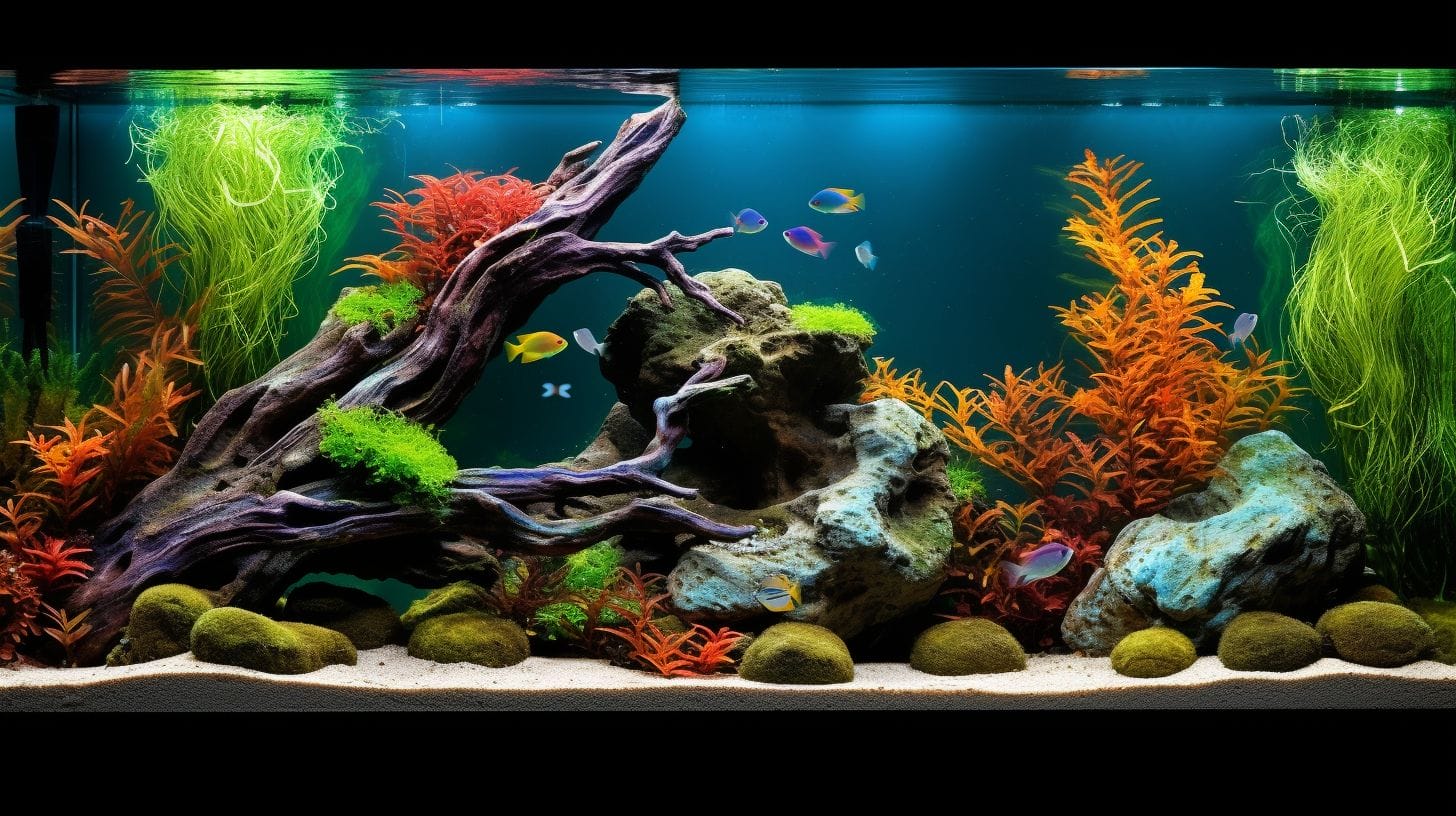 underwater aquascape divided into thirds, with distinct plant life in each section, interspersed with rocks, driftwood, and brightly colored tropical fish