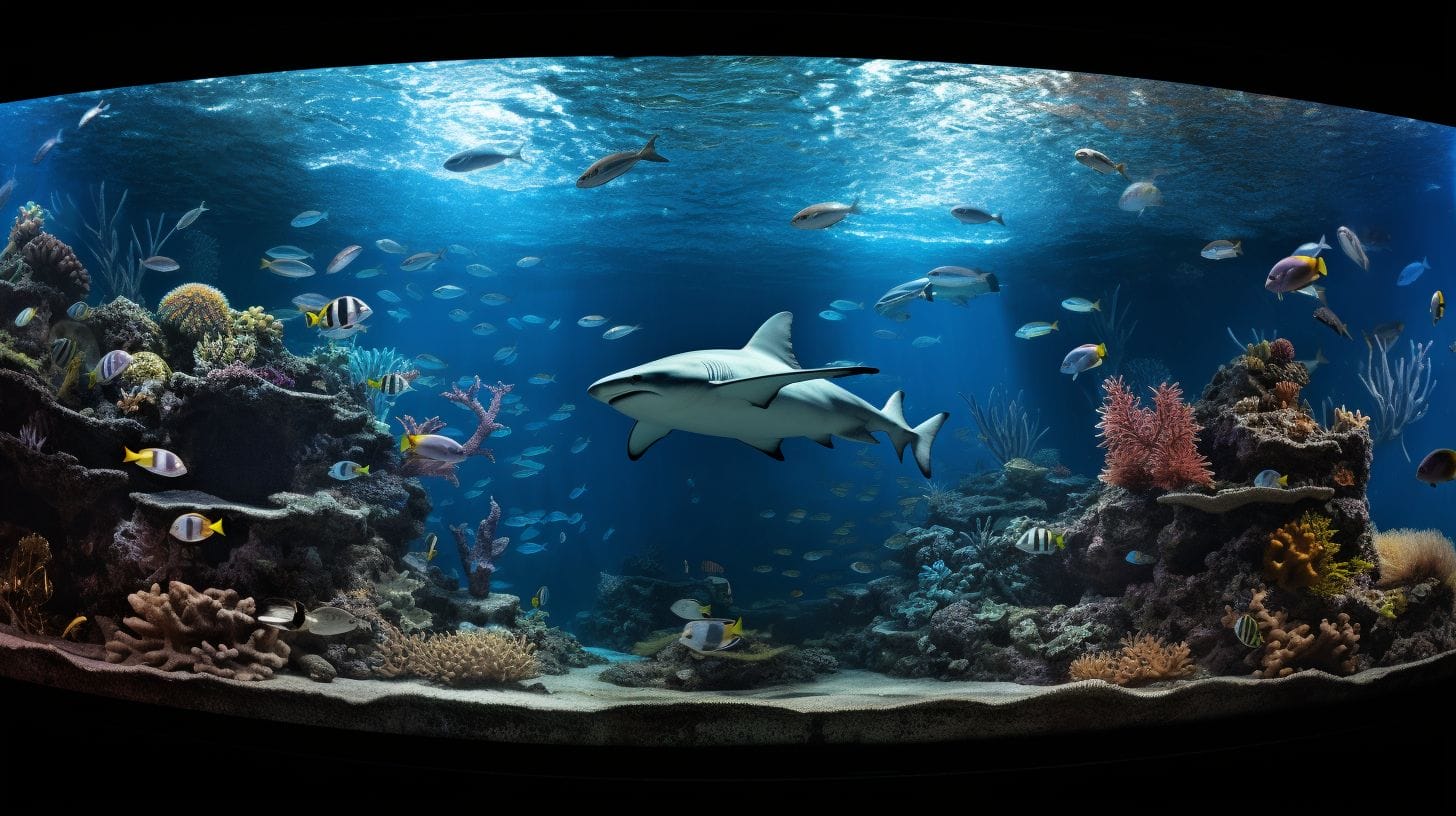 an aquarium with shark and other fishes