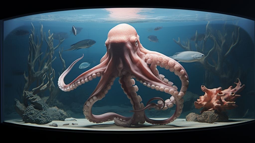 octopus in an aquarium with fishes behind