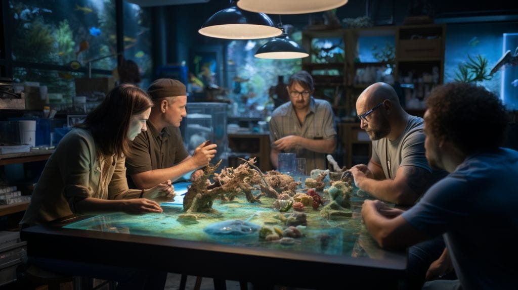 A group of aquarium professionals in a discussion
