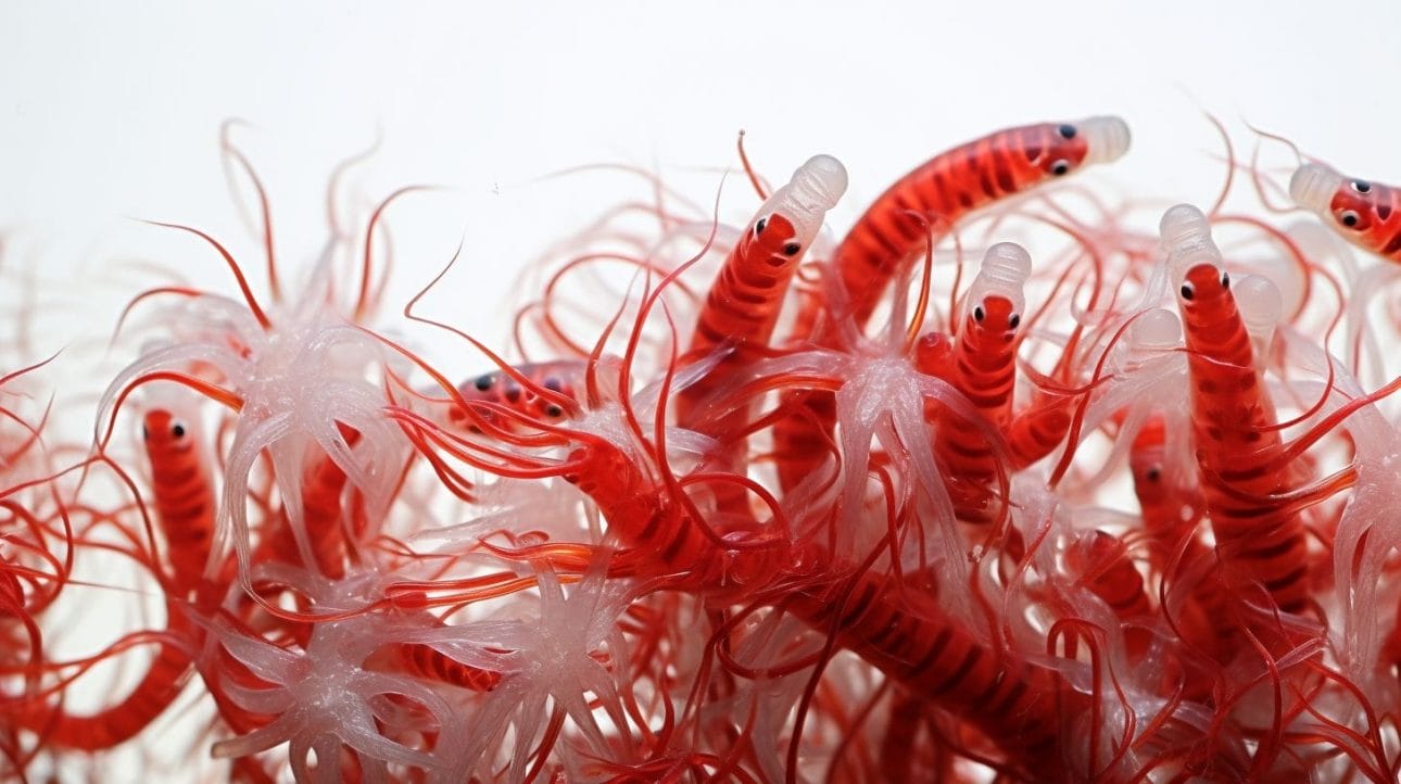 Bloodworms wriggling in a fish tank captured with macro lens.