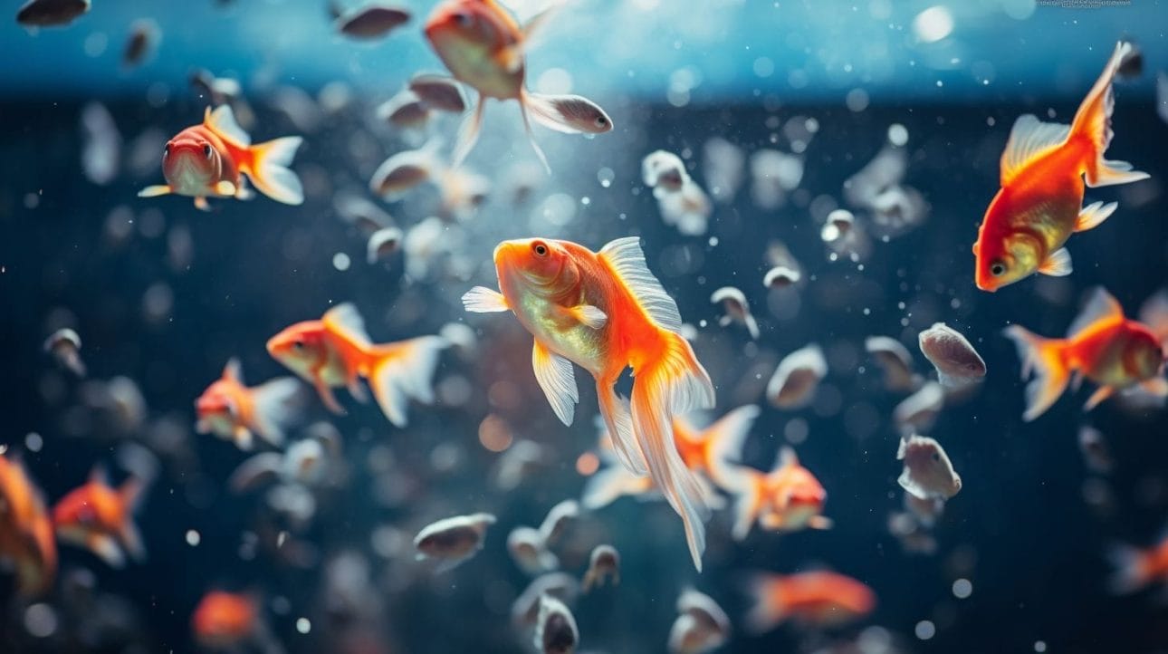 An underwater scene featuring vibrant pet goldfish captured with a macro lens.