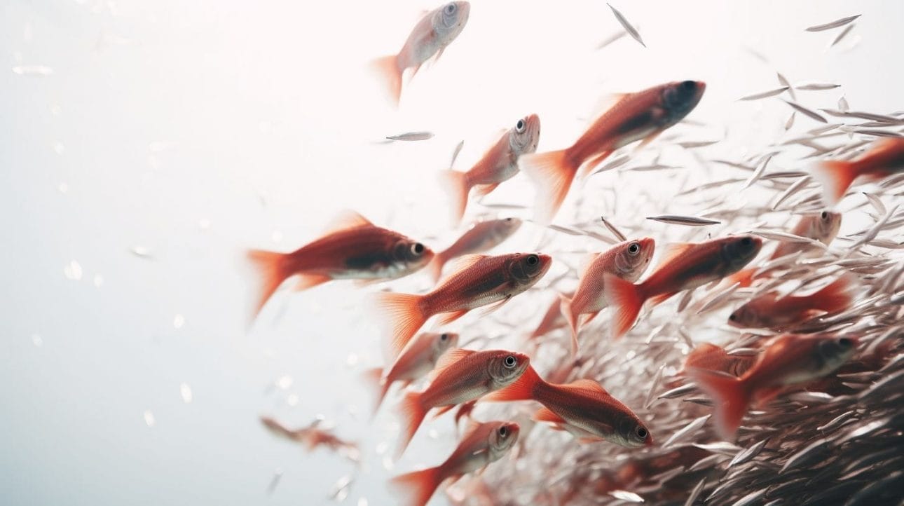 A close-up shot of a school of fish feeding in an aquarium.
