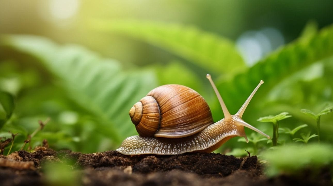 A close-up of a vibrant snail surrounded by lush greenery.