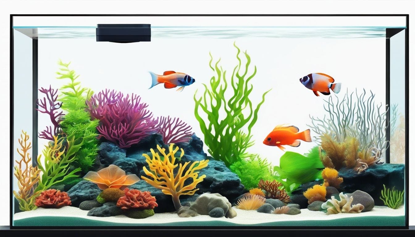 A vibrant aquarium with colorful fish, shrimp, plants, and corals.