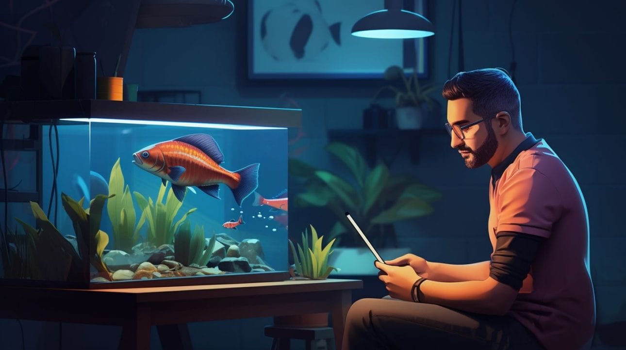 A person consulting a fish veterinarian online with a fish tank in the background.