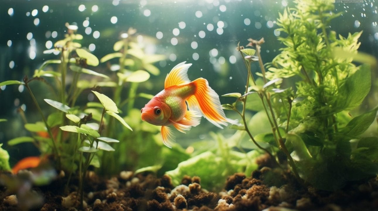 A majestic goldfish swims among vibrant aquatic plants in a clear aquarium.