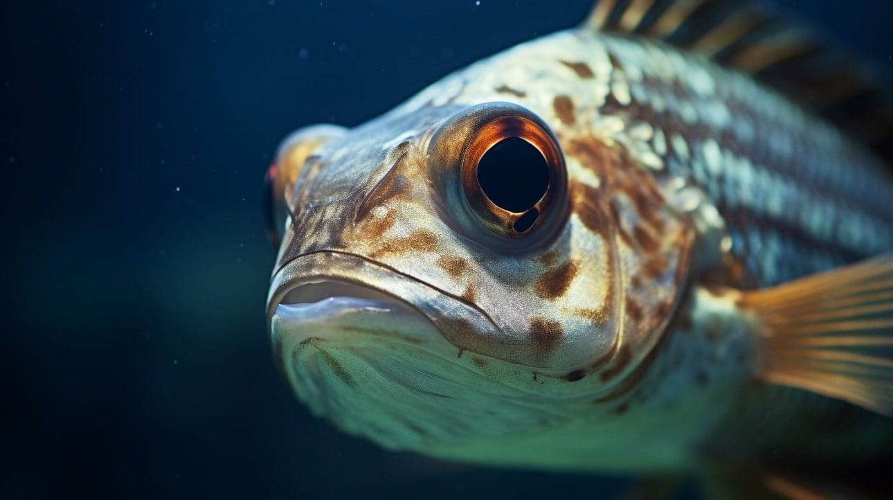 Close-up of sick fish with swollen belly and cloudy eyes.