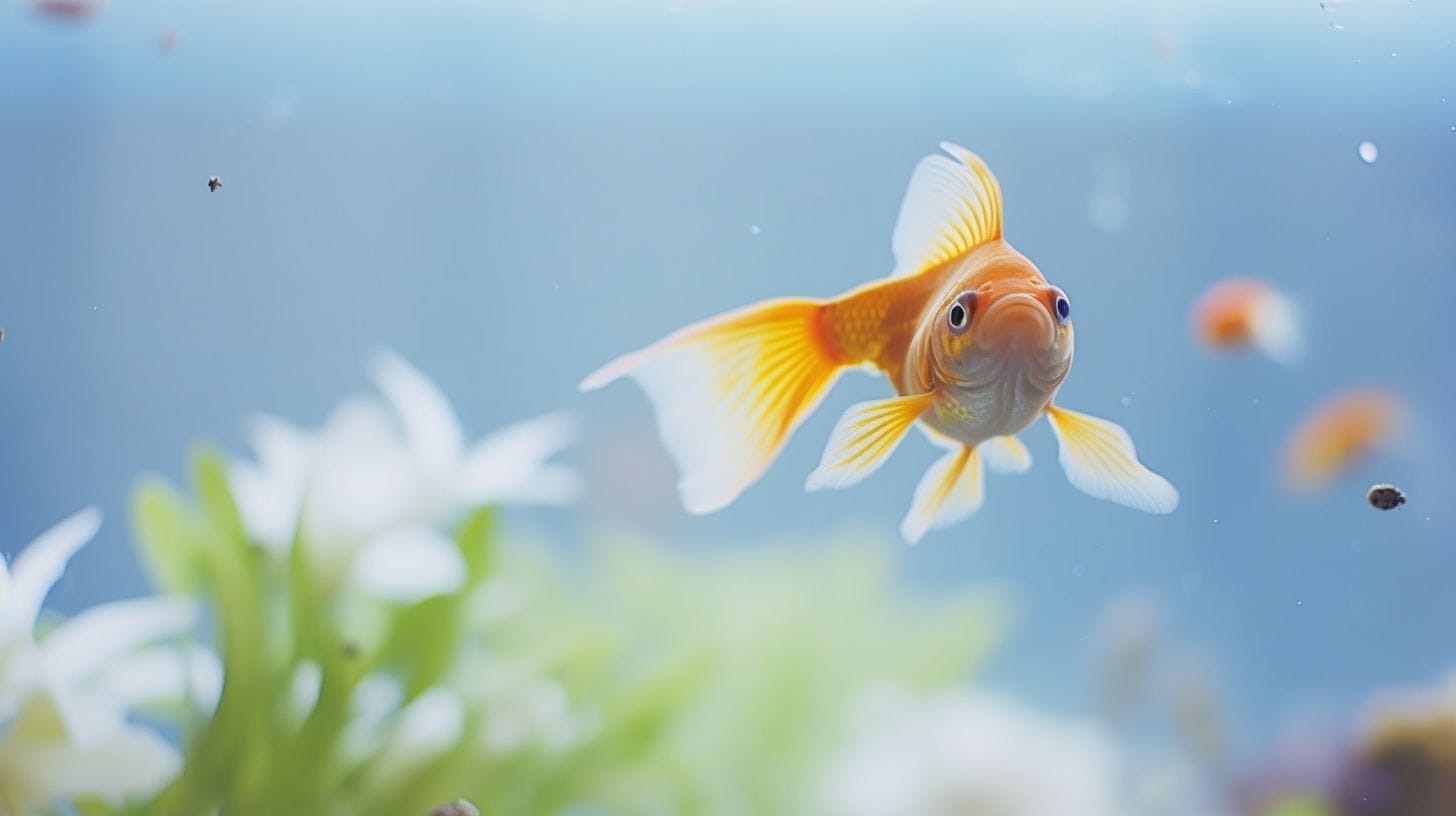 A vibrant goldfish swims in a well-maintained aquarium with aquatic plants.