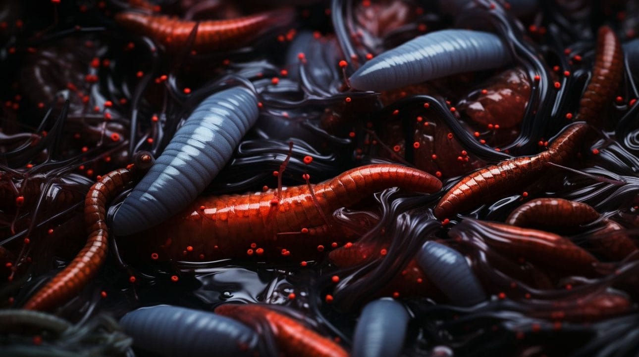 Close-up of bloodworms with fishing gear in a natural water setting.