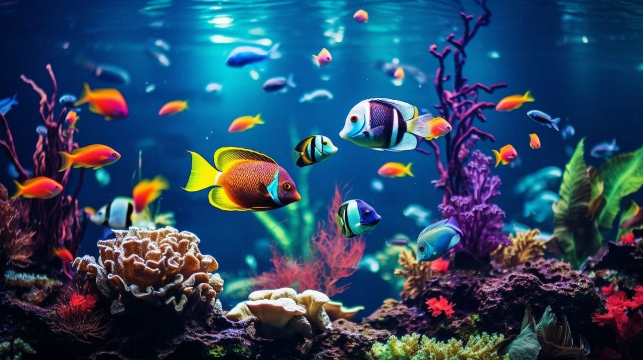 A tank of assorted fish species in a well-lit aquarium.