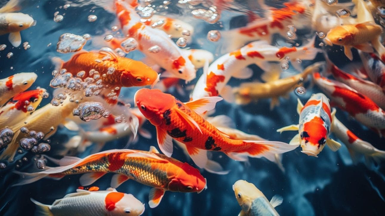 Colorful koi fish swimming in crystal-clear pond captured in high-speed photography.
