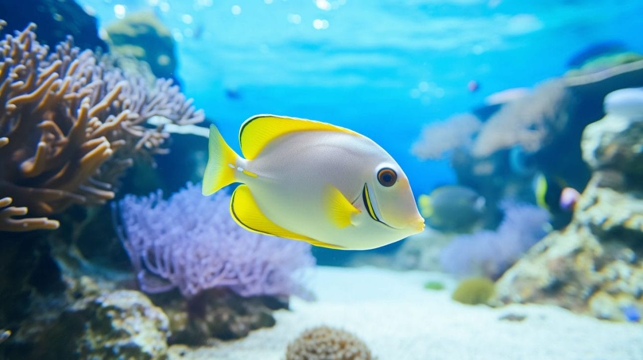 A Blonde Naso Tang swimming in a coral reef aquarium.