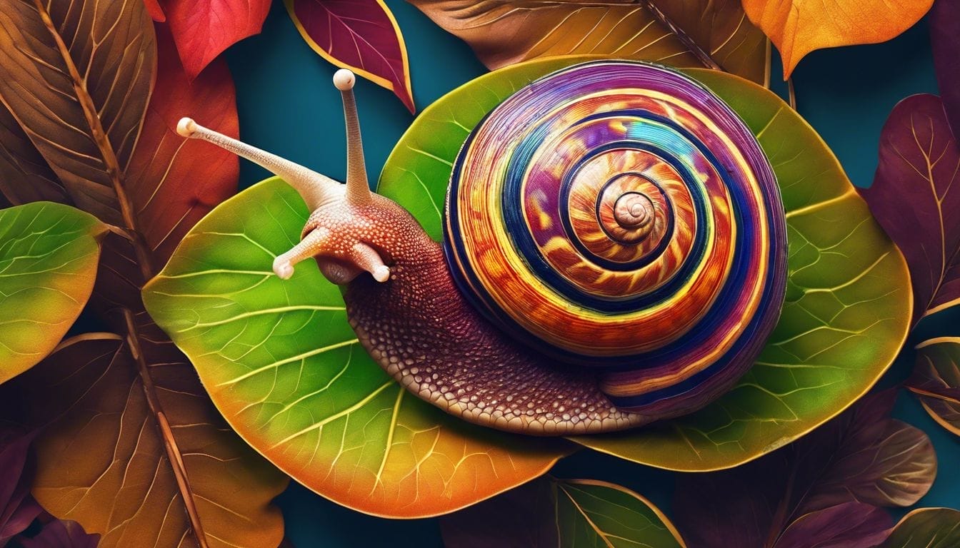 A close-up of a vibrant tree snail on a colorful leaf.