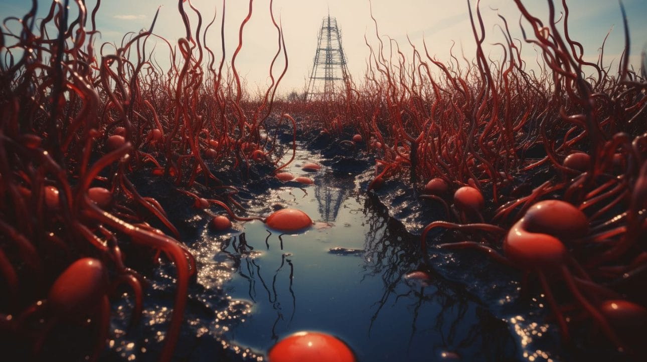 A close-up of a bloodworm farm surrounded by marsh habitats.