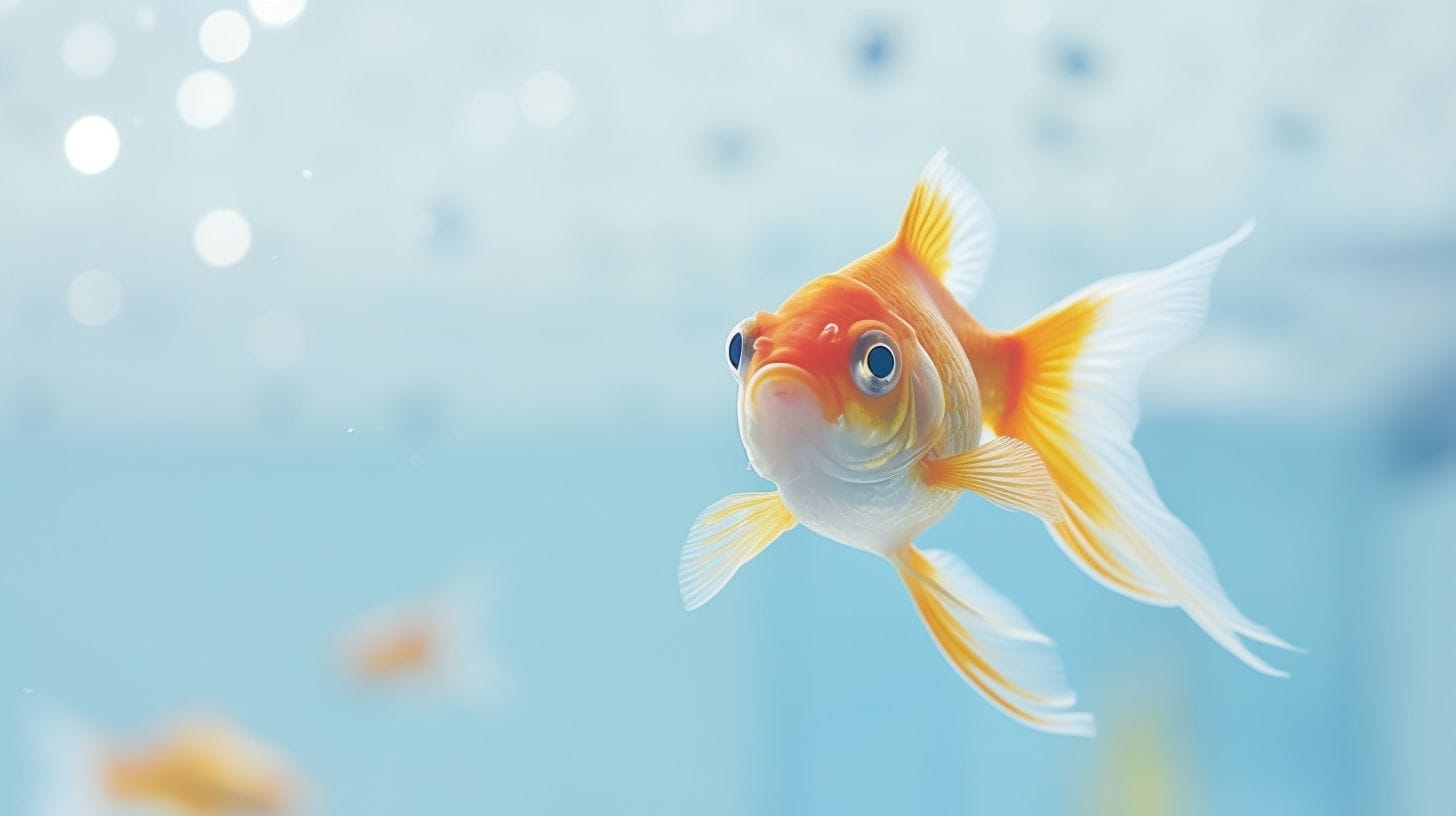 A goldfish swimming in a clean aquarium with a white background.