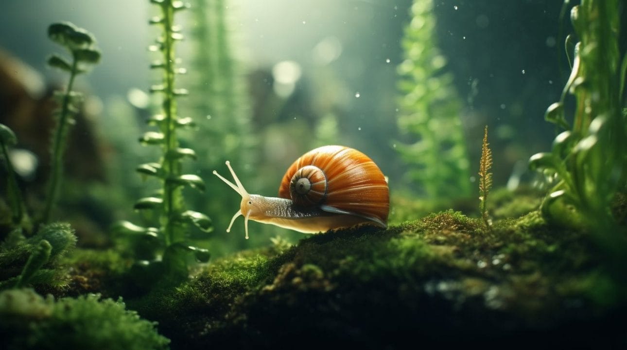 An aquarium snail with a cracked shell surrounded by aquatic plants.