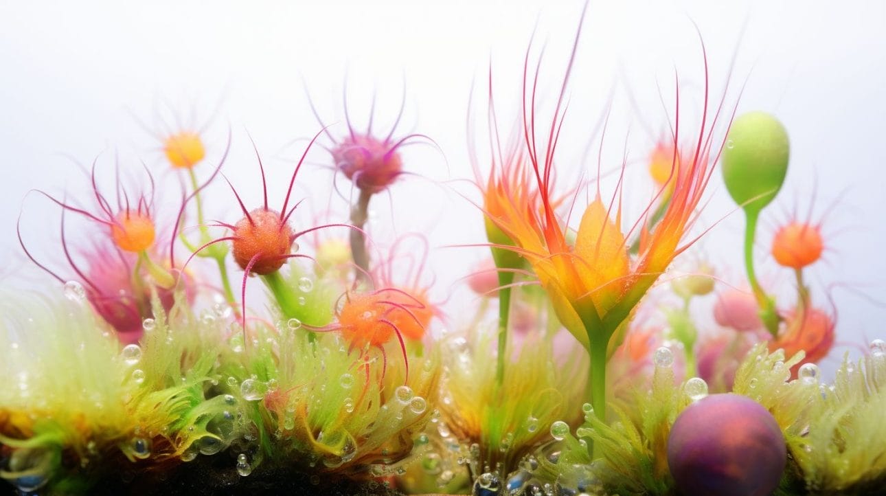 Close-up of vibrant aquatic plants with grazing scuds in nature.