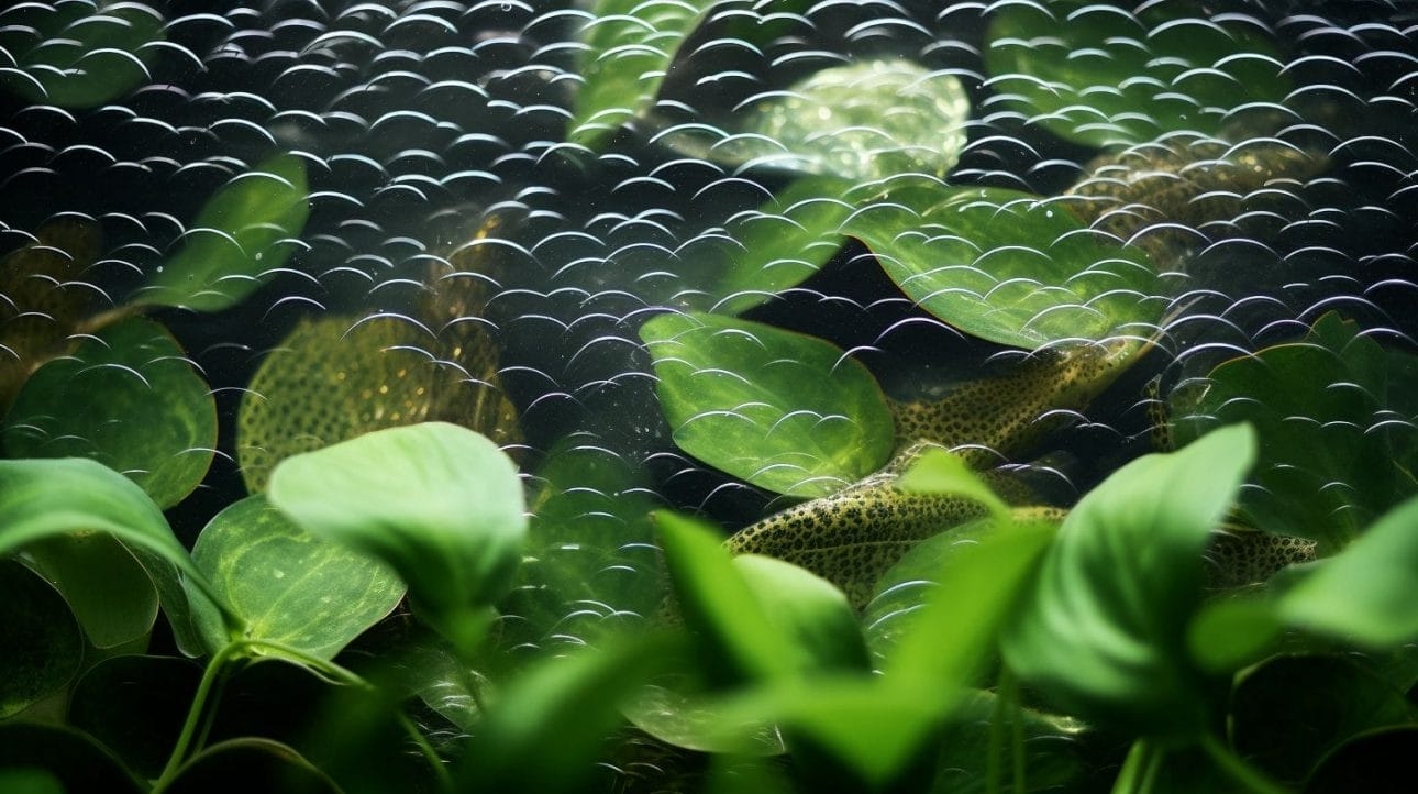 Close-up of fading fish scales with aquatic plants in background.