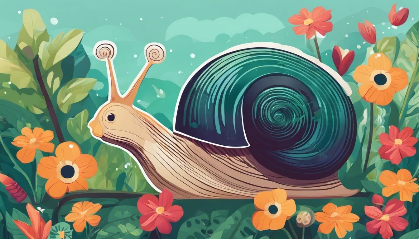 A curious snail exploring a lush garden filled with vibrant flowers.