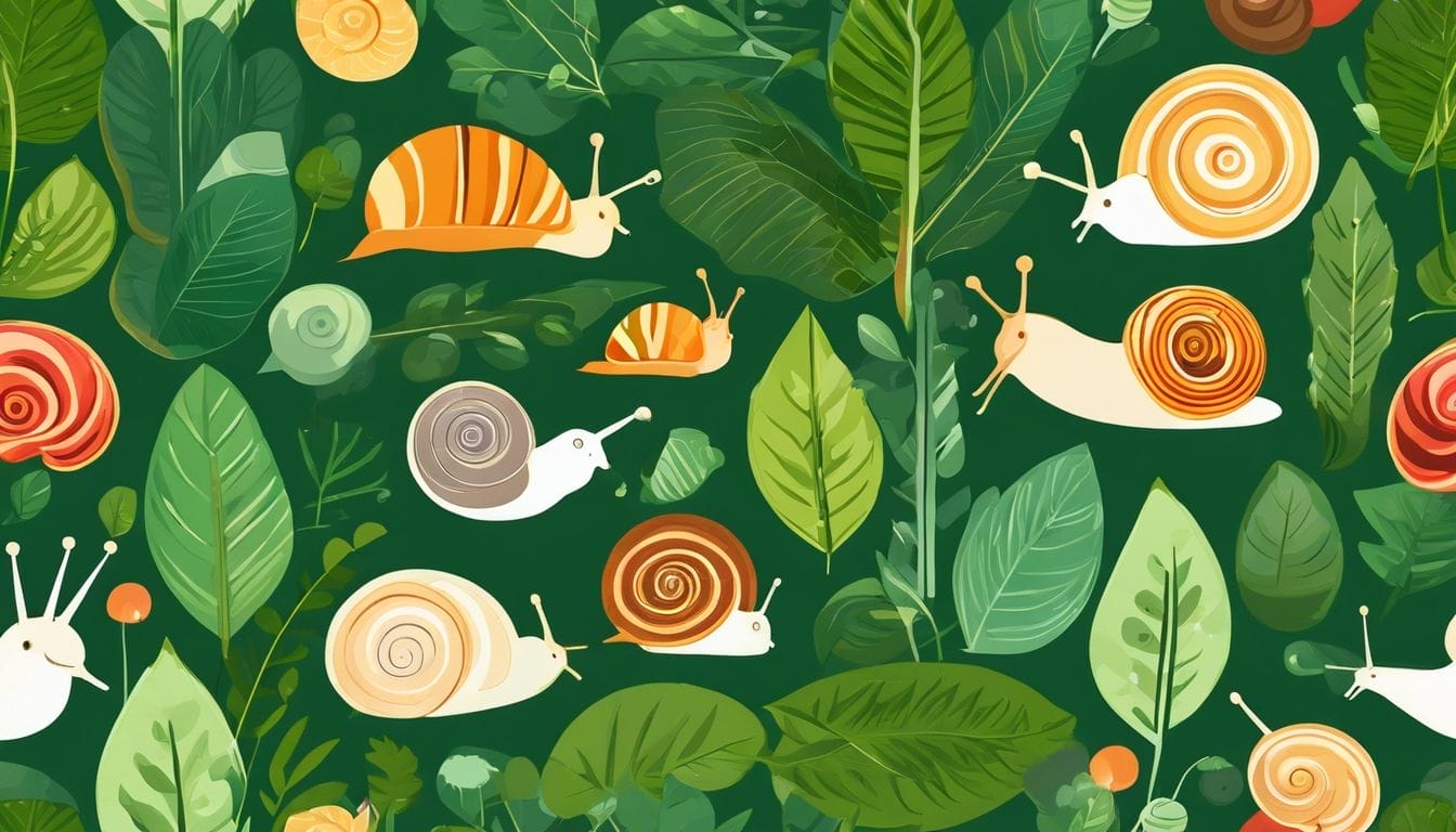 A close-up of different snails in their natural habitats with vibrant foliage.