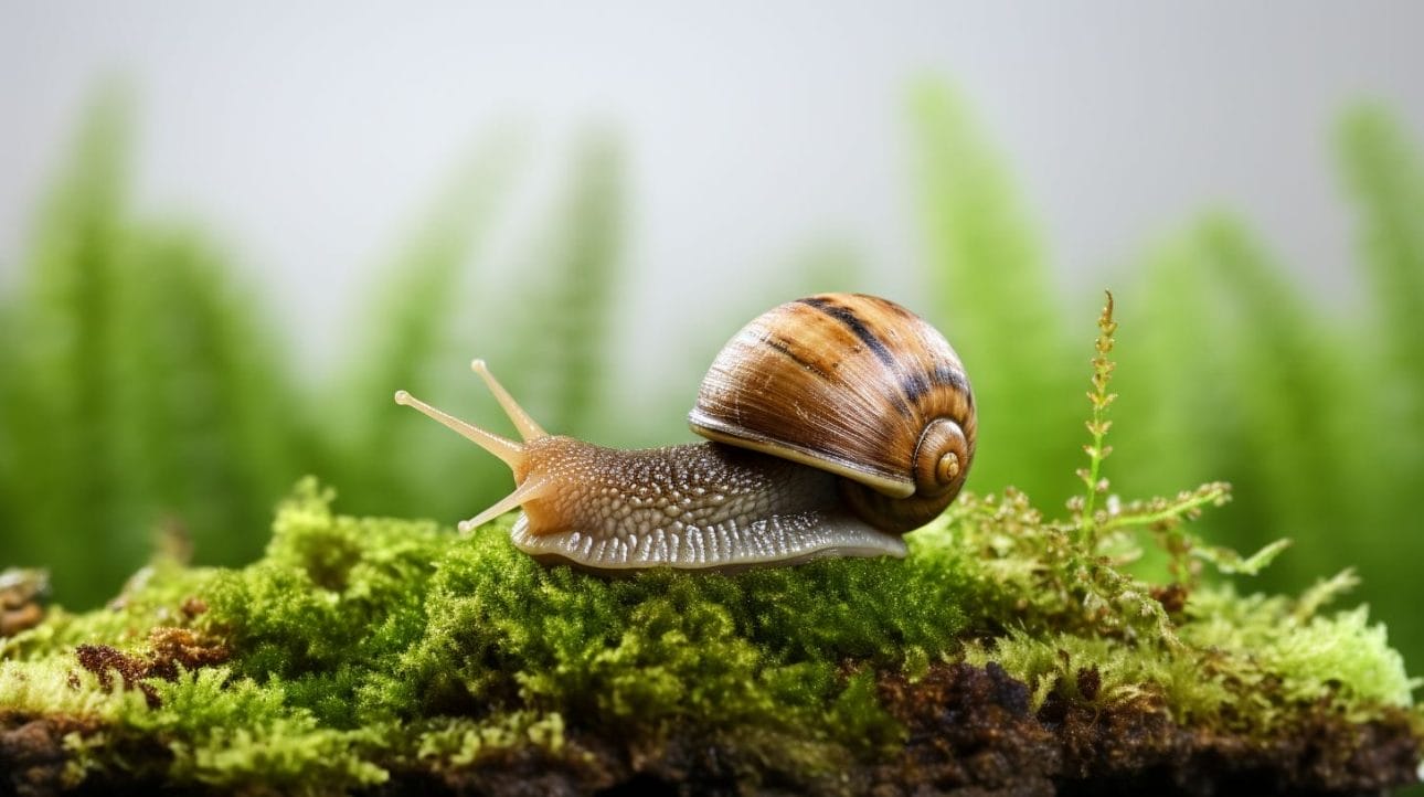 Close-up of a snail on moss, showcasing intricate shell details.