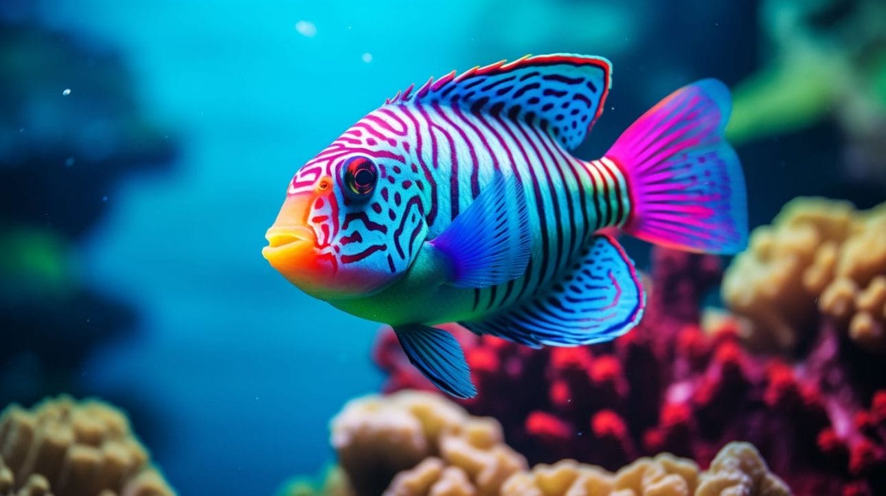 A tropical fish gracefully swims through a colorful coral reef.
