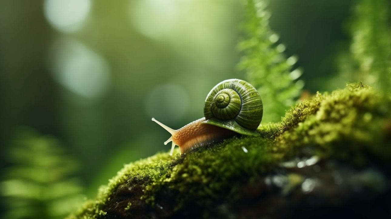 A snail gracefully navigating across a moss-covered rock in close-up.