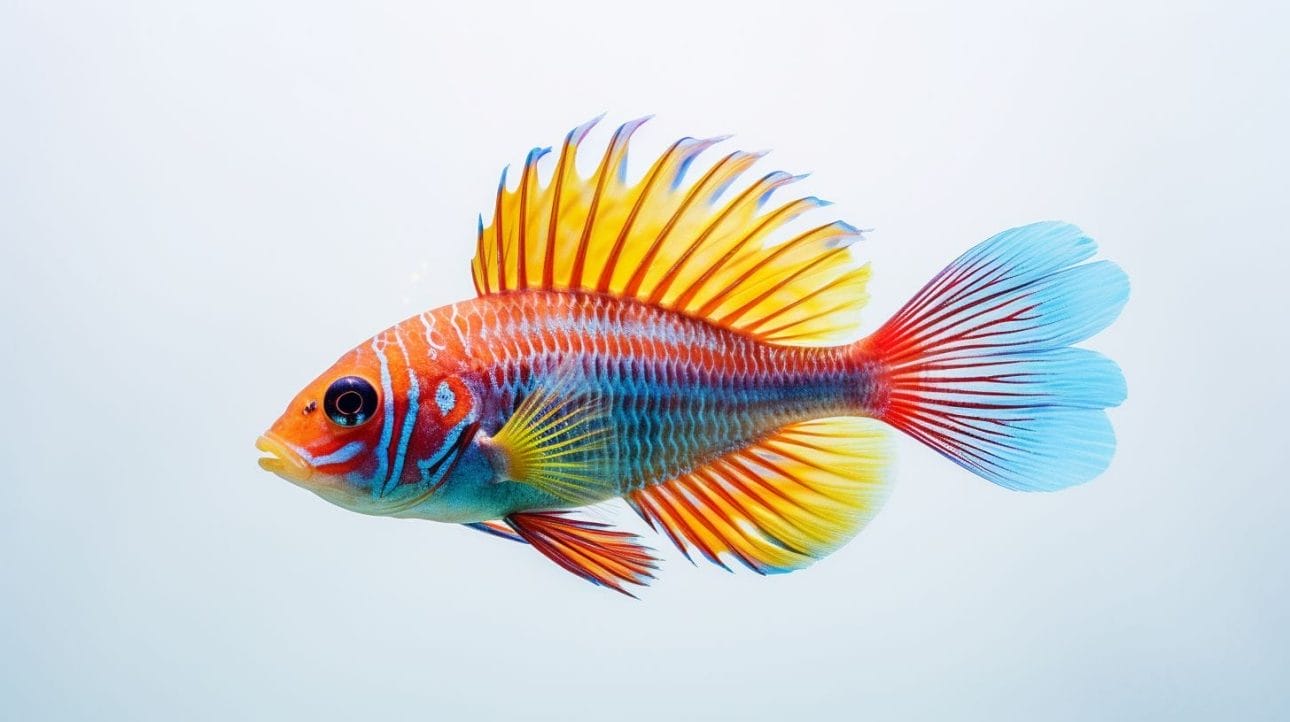 A vibrant tropical fish swimming in a well-maintained reef tank.