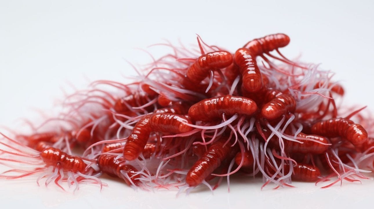 Close-up of bloodworms wriggling in natural habitat, captured with macro lens.