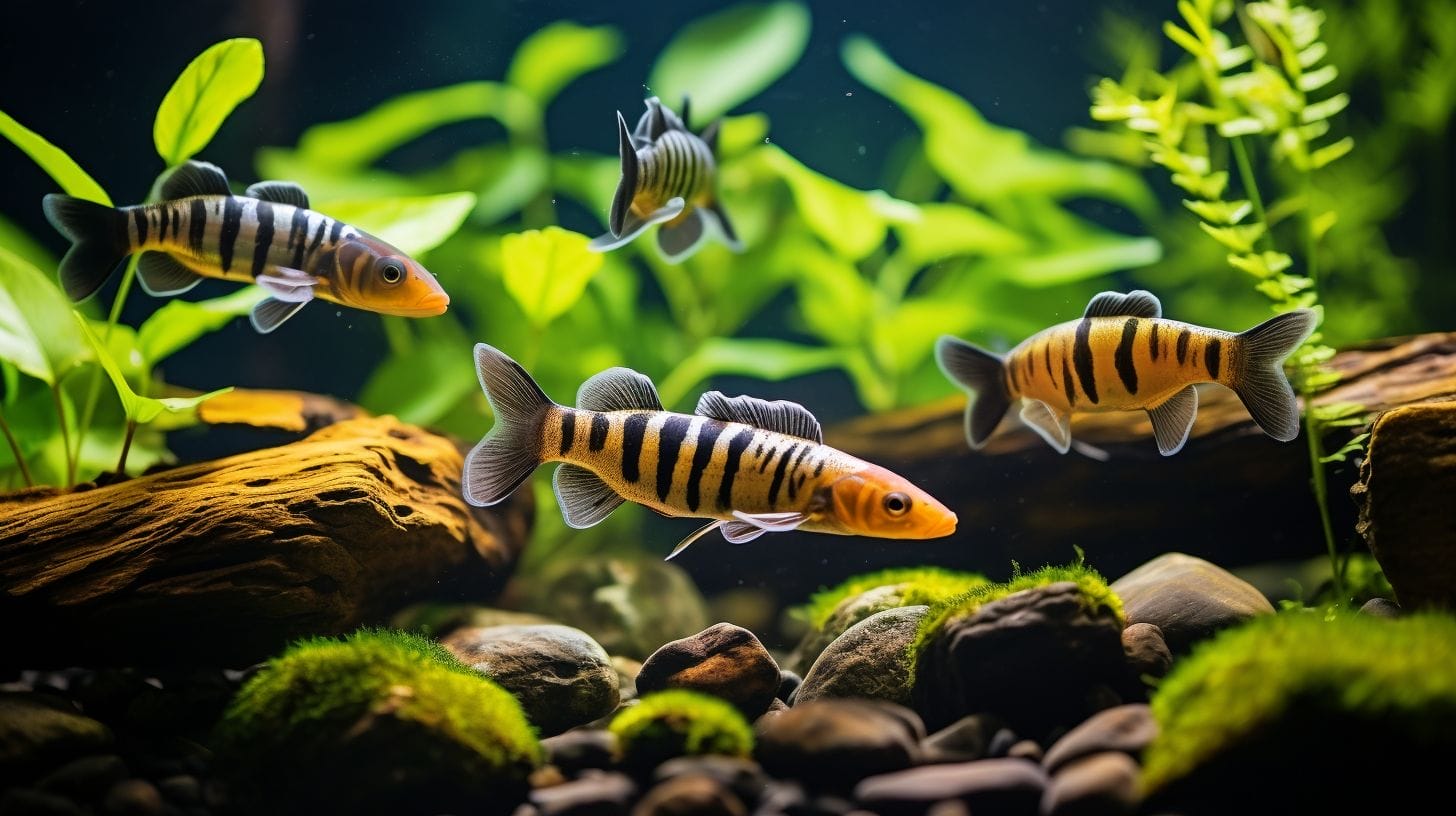 a group of peaceful loaches swimming among live plants and hiding spots