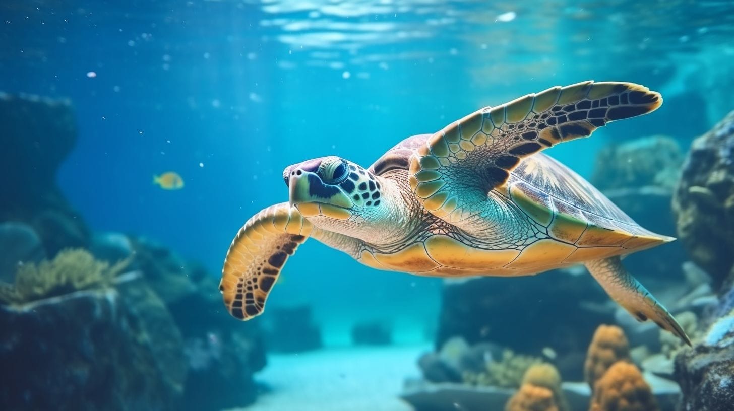 A happy turtle swimming in a well-heated aquarium.